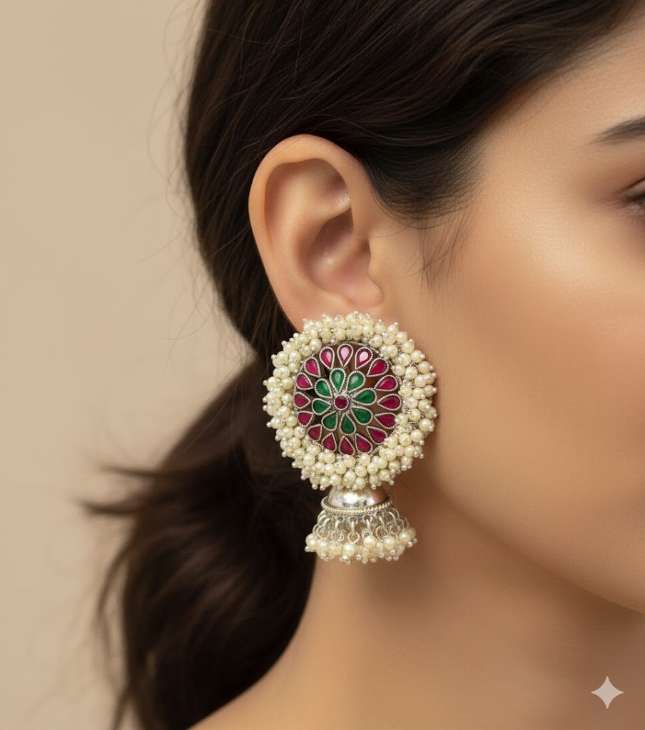 Multi Colour Pearl Cluster German Silver Jhumkha