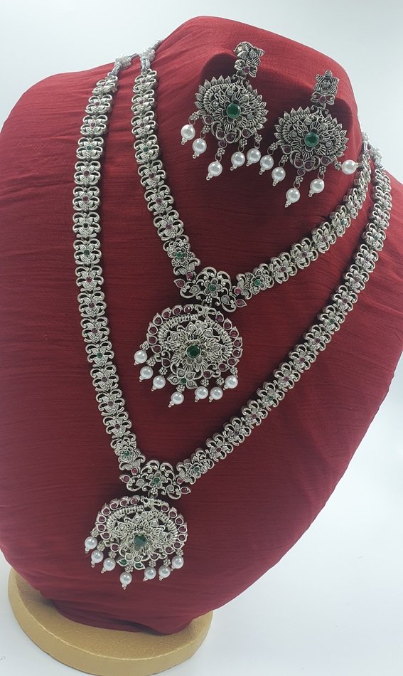 Peacock Silver Oxidised Matte Finished Semi Bridal Combo Set Peacock Silver Oxidised Matte Finished Semi Bridal Combo Set