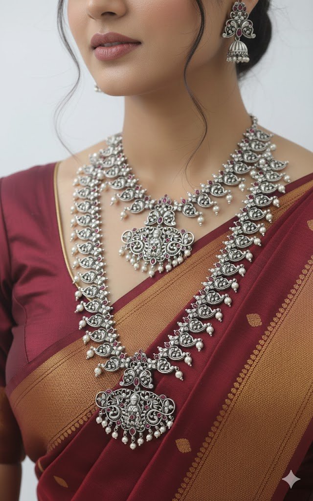 Maha Lakshmi Oxidised Silver Combo Semi Bridal Set Maha Lakshmi Oxidised Silver Combo Semi Bridal Set