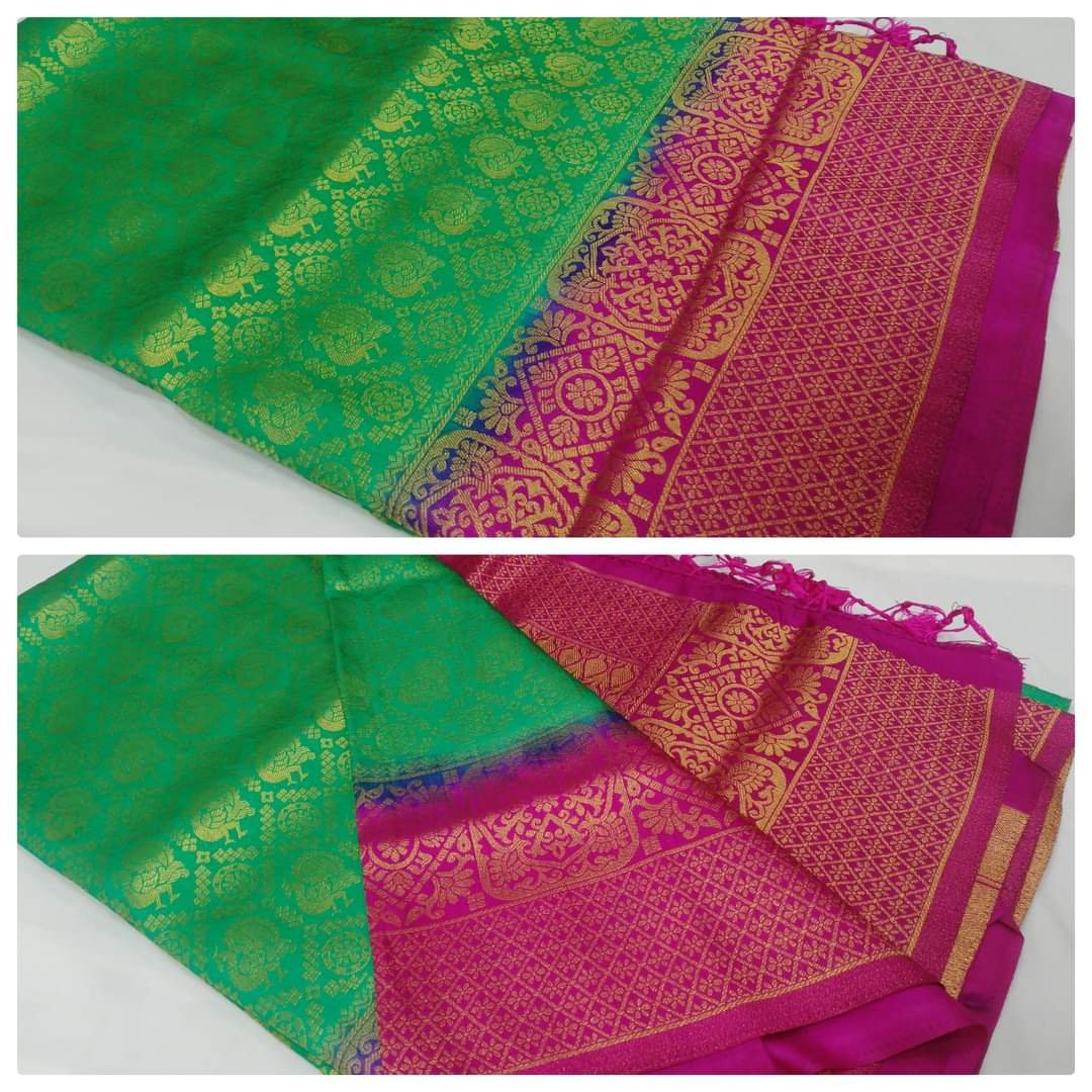 Green and Pink Banaras Semi Silk Saree Green and Pink Banaras Semi Silk Saree