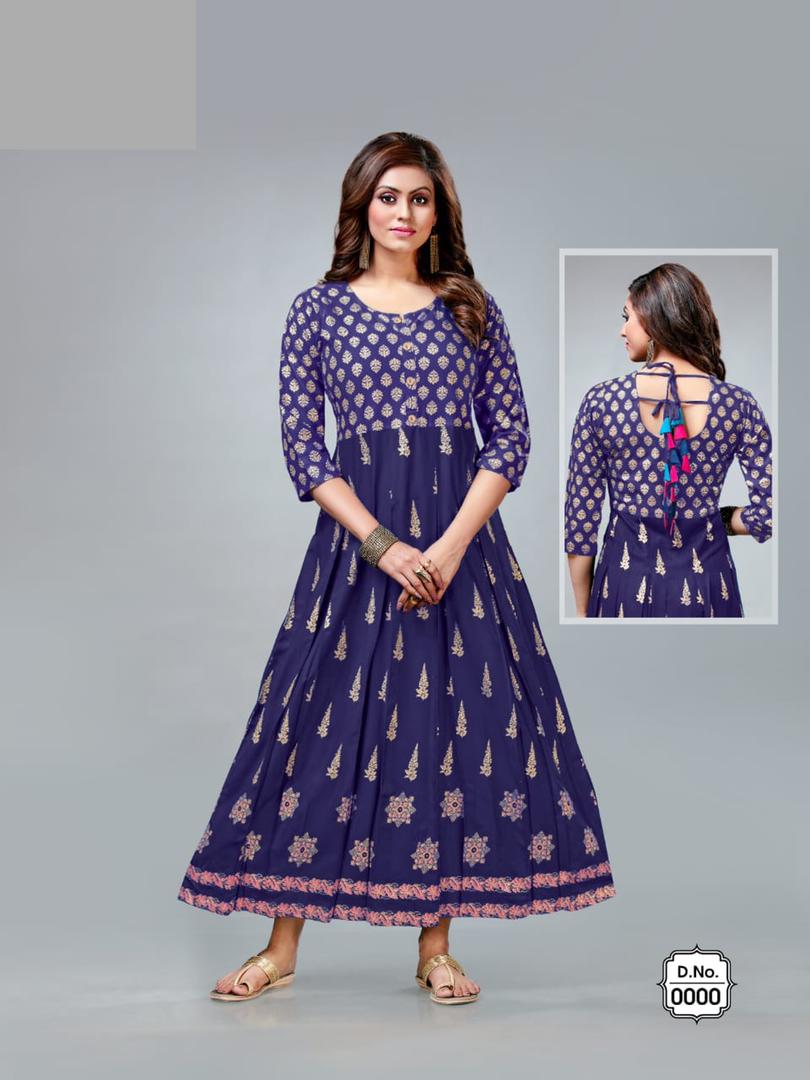 Blue Color Rayon Gold printed Frock Style Kurthi – Swastik Boutiques ...