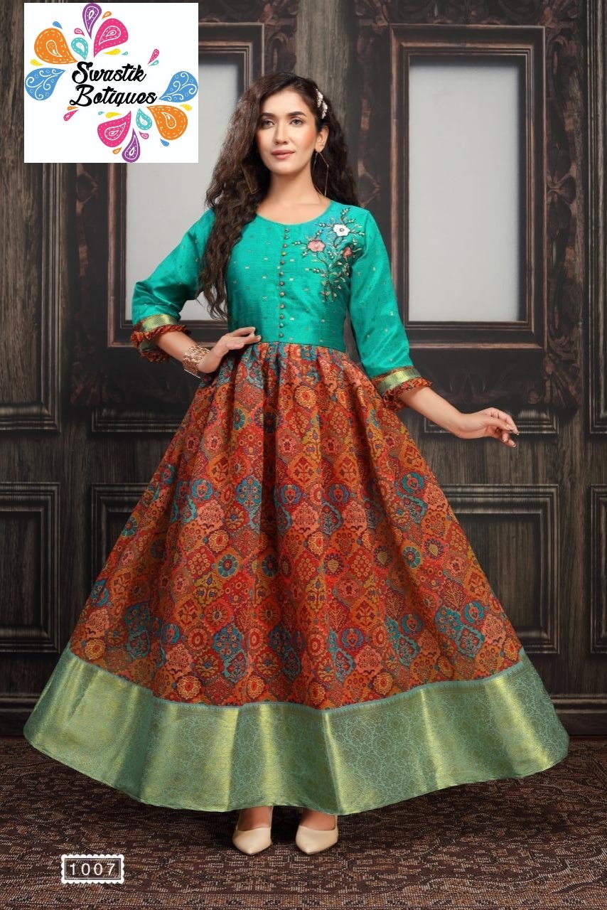 Peacock Green With Maroon Silk Rayon Frock Style Kurti Top