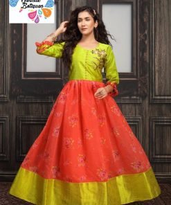 Orangish Pink Silk Rayon Frock Style Kurti Top