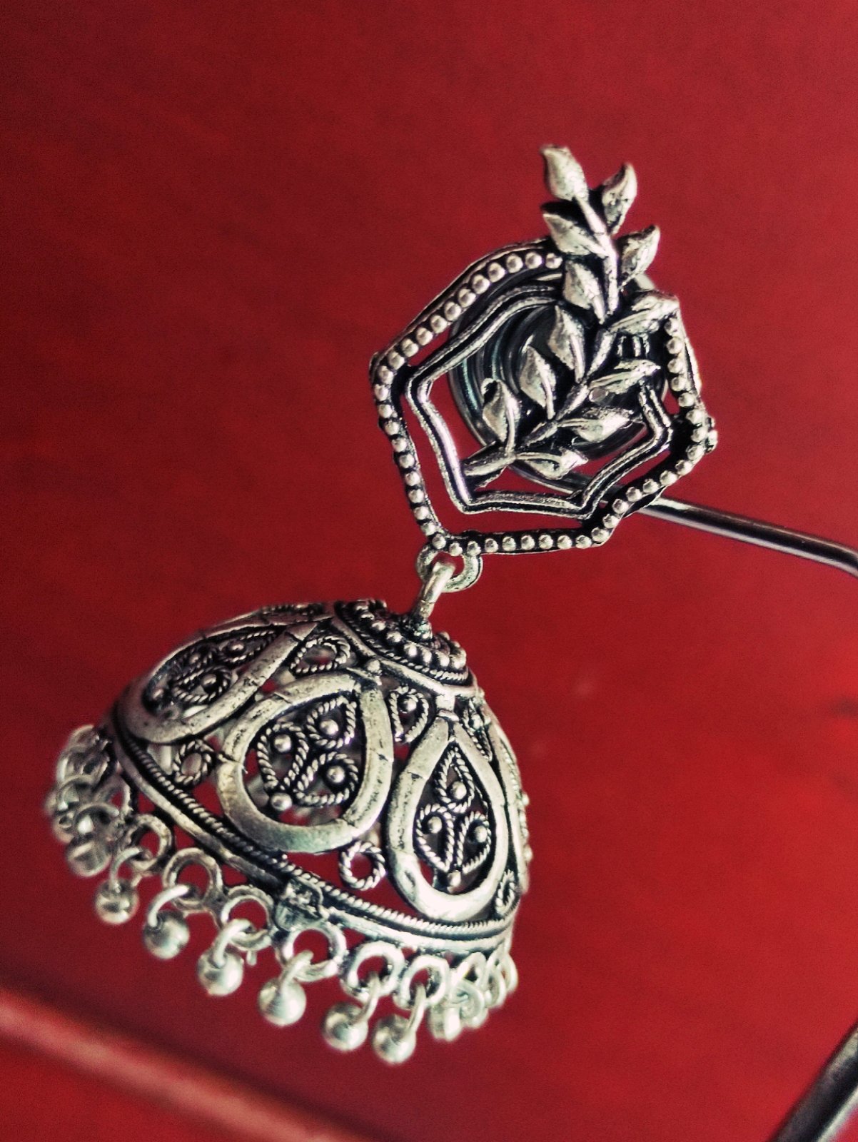 Leaf Design Silver Oxidised Jhumkha Leaf Design Silver Oxidised Jhumkha