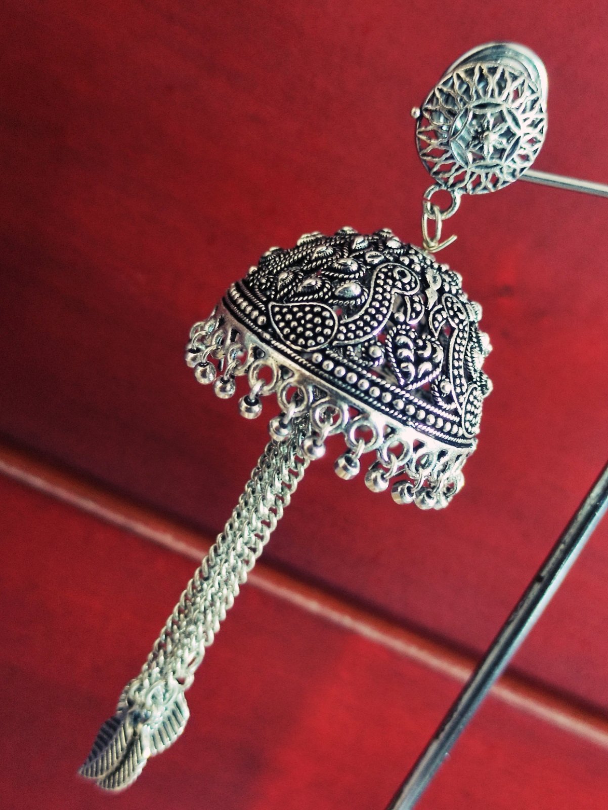 Chain Drop Silver Oxidised Jhumkha