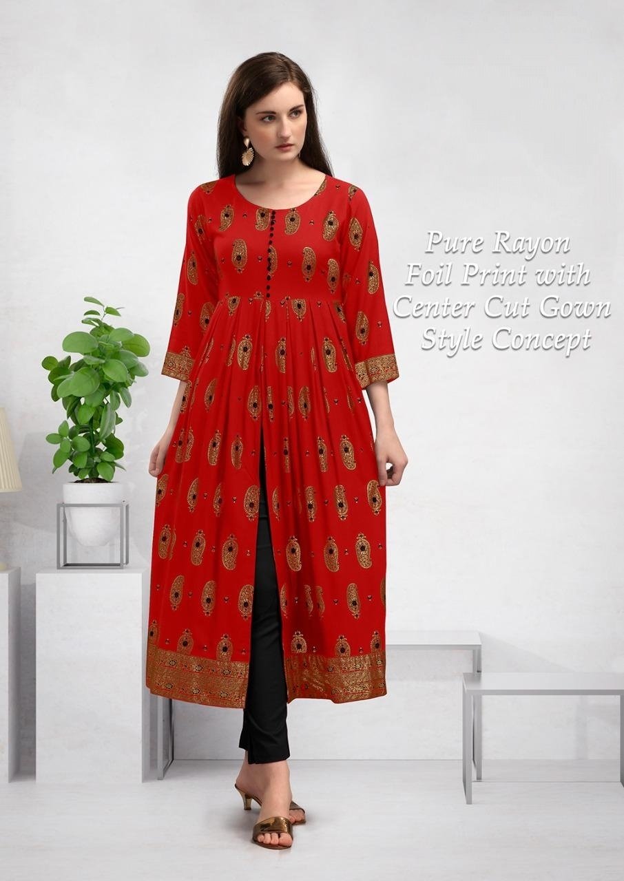 Red Pure Rayon With Front Open Frock Style Kurthi
