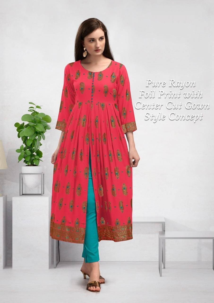 Light Pink Pure Rayon With Front Open Frock Style Kurthi