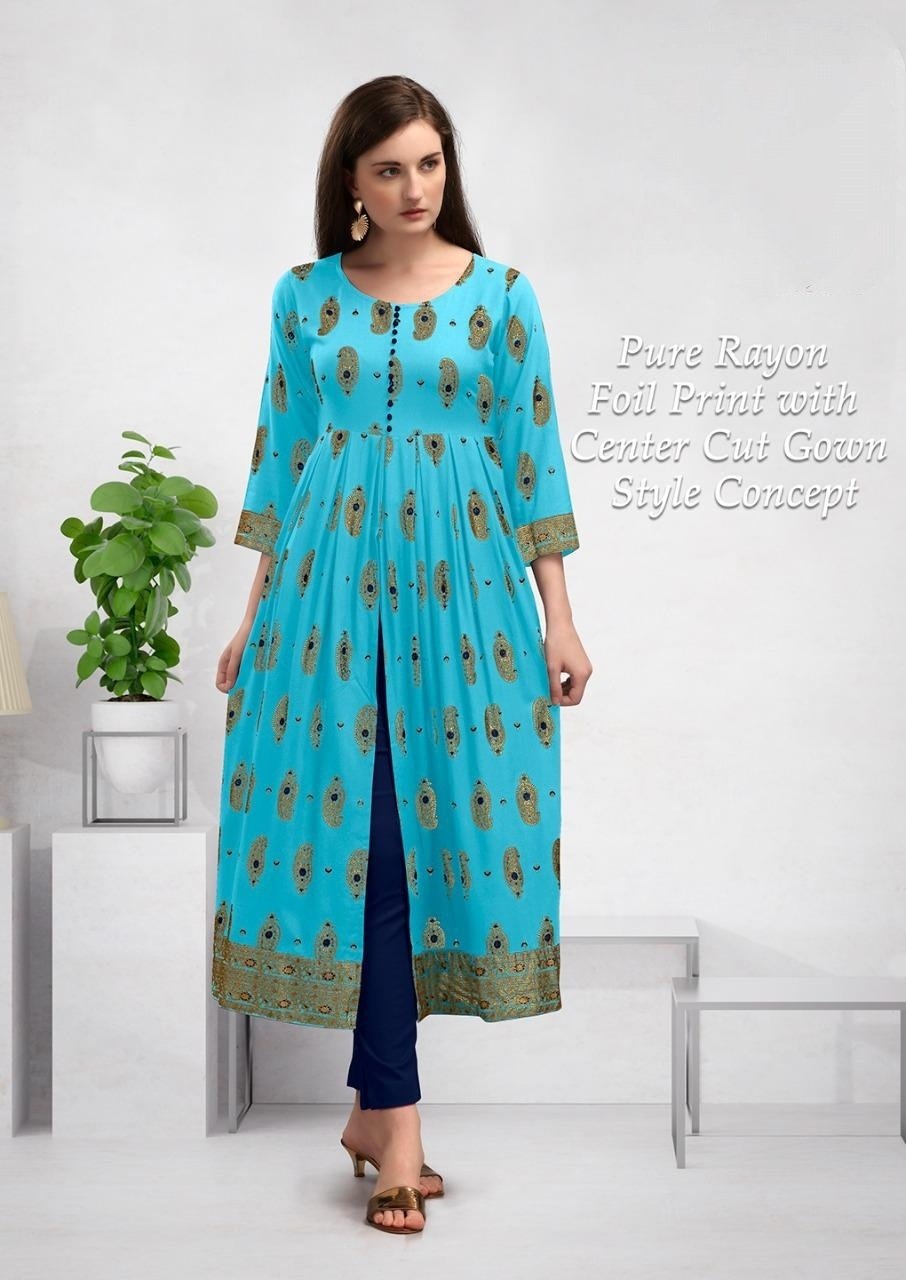 Light blue Pure Rayon With Front Open Frock Style Kurthi