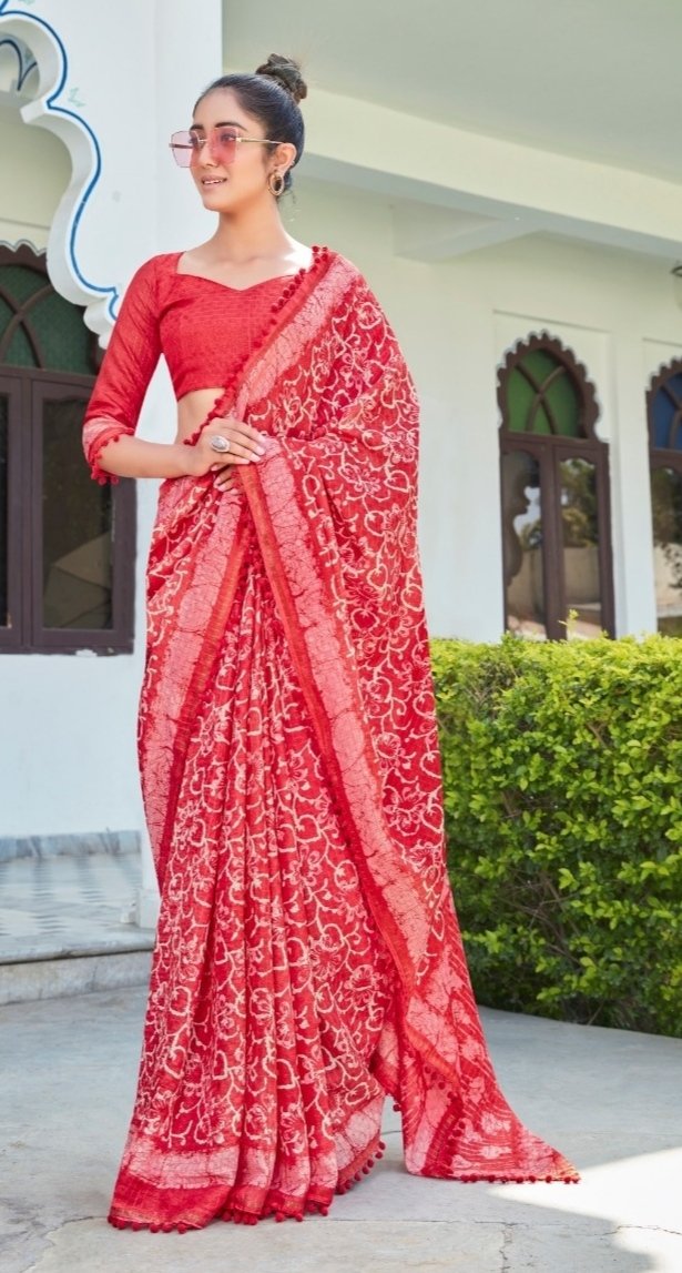 Pink Kota Soft Cotton Zari Saree With Pom Pom