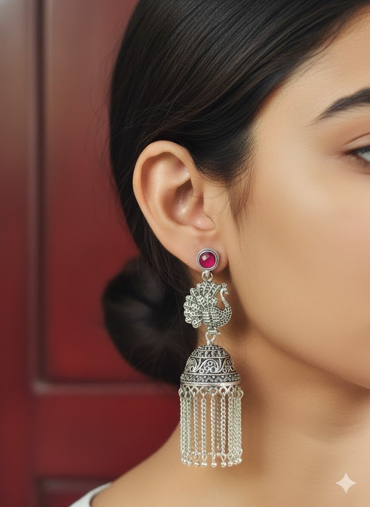 Peacock With Drop Chain Silver Oxidised Jhumkha Peacock With Drop Chain Silver Oxidised Jhumkha