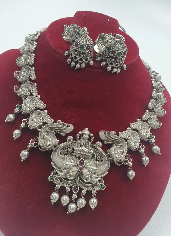 Lakshmi Silver Oxidised Matte Finished Necklace Lakshmi Silver Oxidised Matte Finished Necklace - Image 2