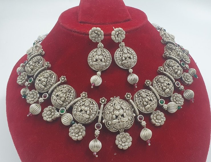 Lakshmi Silver Oxidised Matte Finished Necklace Lakshmi Silver Oxidised Matte Finished Necklace