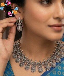 Lakshmi Coin Silver Oxidised Matte Finished Necklace