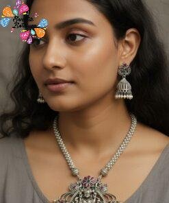 Lakshmi Silver Oxidised Matte Finished Necklace
