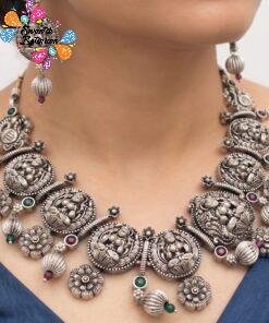 Lakshmi Silver Oxidised Matte Finished Necklace