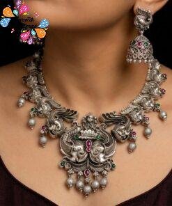 Lakshmi Silver Oxidised Matte Finished Necklace