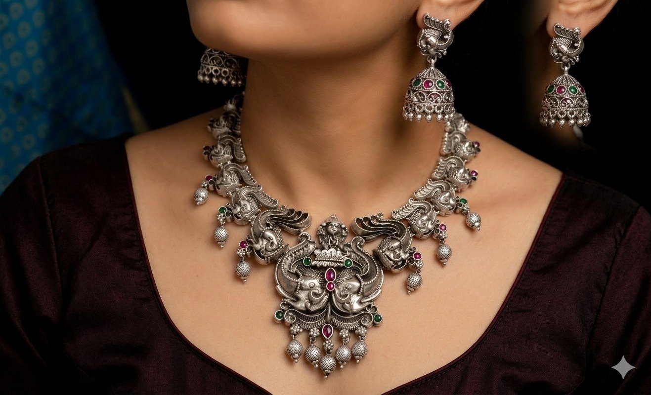Lakshmi Silver Oxidised Matte Finished Necklace Lakshmi Silver Oxidised Matte Finished Necklace