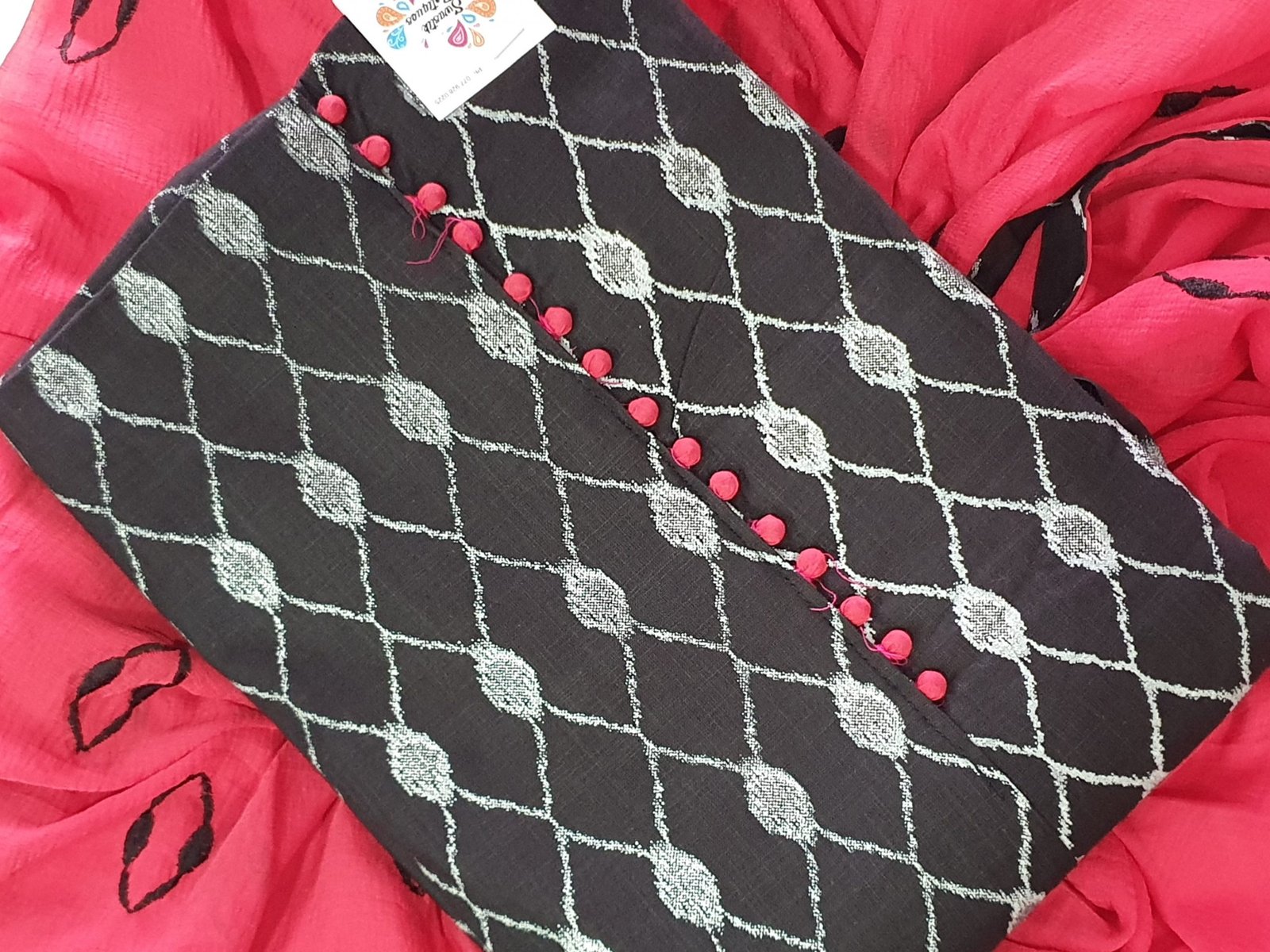 Black and Red Soft Cotton Shalwar Material