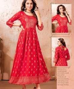 Red and Gold Designer Frock Style Women Kurthi