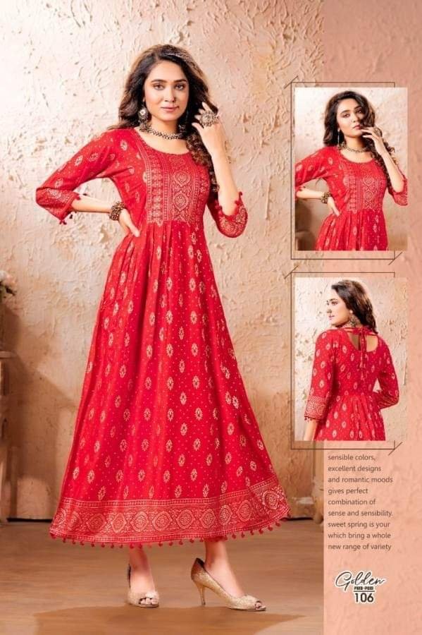Red and Gold Designer Frock Style Women Kurthi