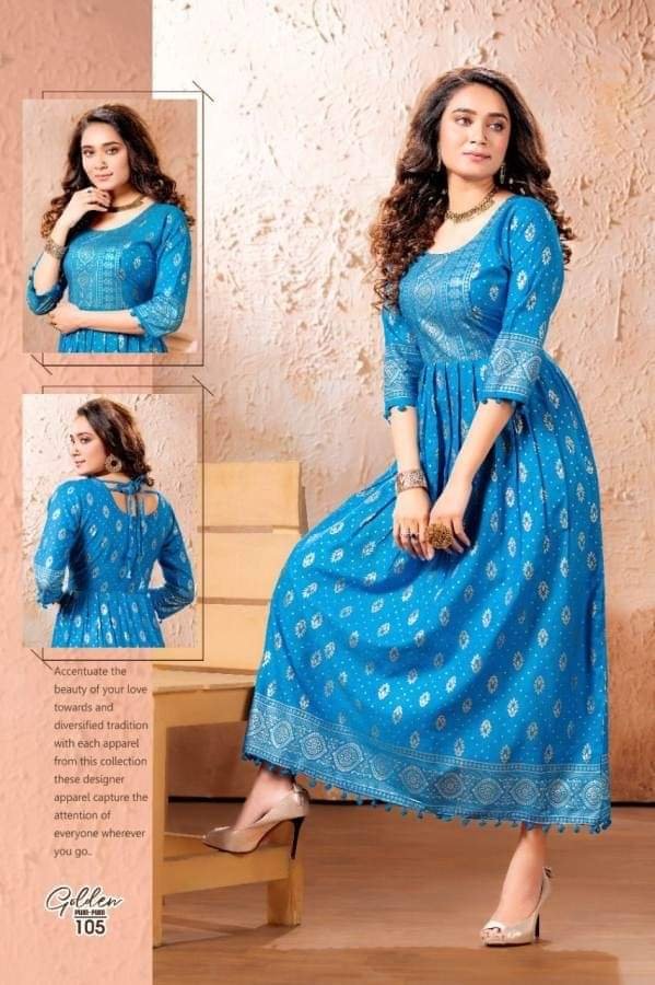 Sky Blue and Gold Designer Frock Style Women Kurthi
