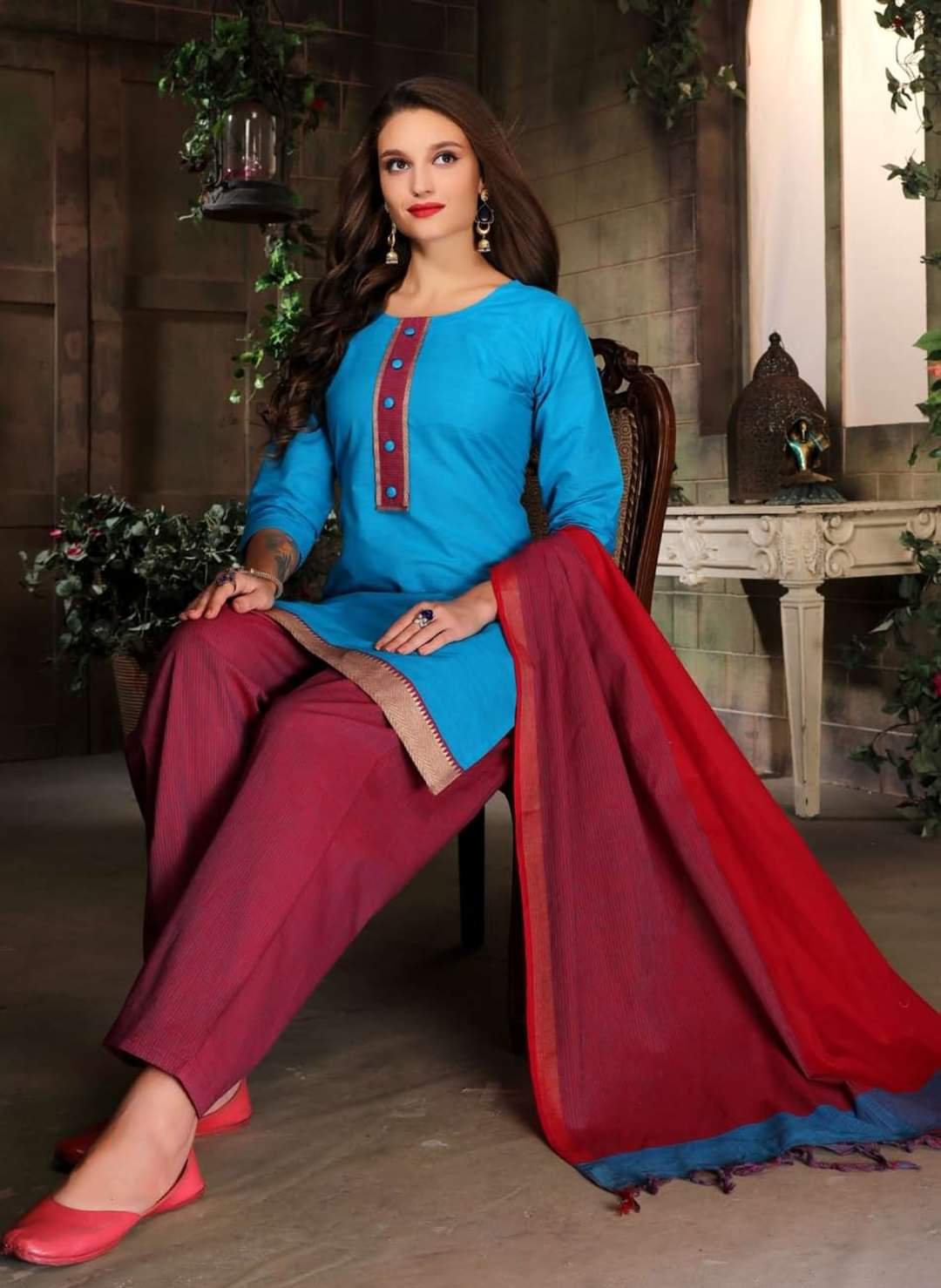 Sky Blue and Marron Handloom Ready-Made Shalwar Suit