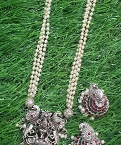 Lakshmi and Peacock Silver Oxidised Matte Finished Harram Lakshmi and Peacock Silver Oxidised Matte Finished Harram