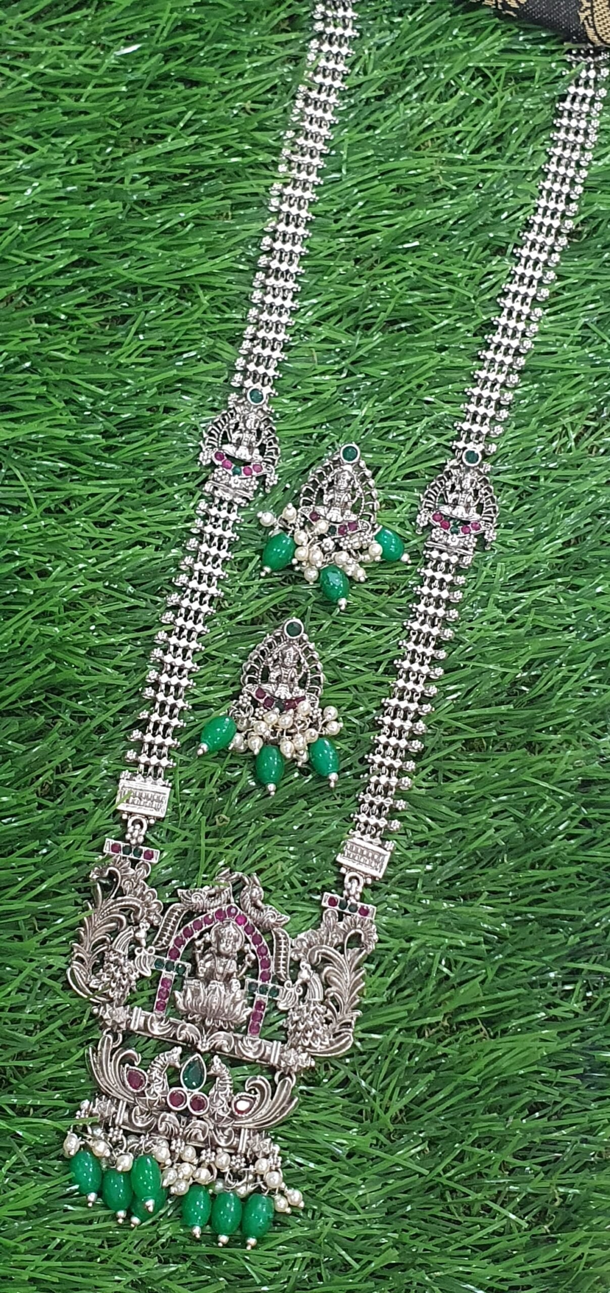Lakshmi Green Pearl Silver Oxidised Matte Finished Harram Lakshmi Green Pearl Silver Oxidised Matte Finished Harram - Image 2