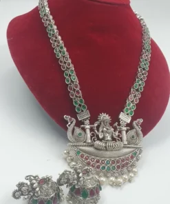 Lakshmi and Peacock Silver Oxidised Matte Finished Harram