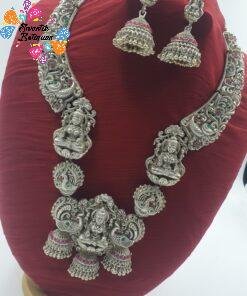 Lakshmi With Jhumkha Silver Oxidised Matte Finished Harram