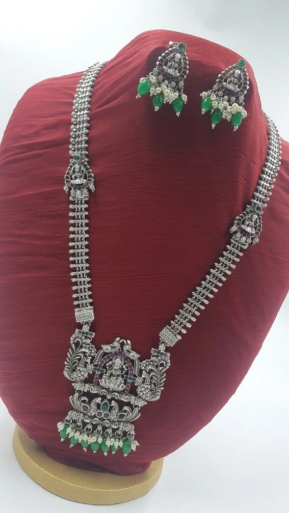 Lakshmi Green Pearl Silver Oxidised Matte Finished Harram Lakshmi Green Pearl Silver Oxidised Matte Finished Harram - Image 3