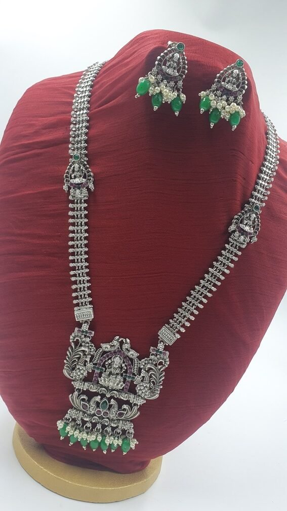 Lakshmi Green Pearl Silver Oxidised Matte Finished Harram Lakshmi Green Pearl Silver Oxidised Matte Finished Harram
