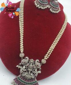 Lakshmi and Peacock Silver Oxidised Matte Finished Harram