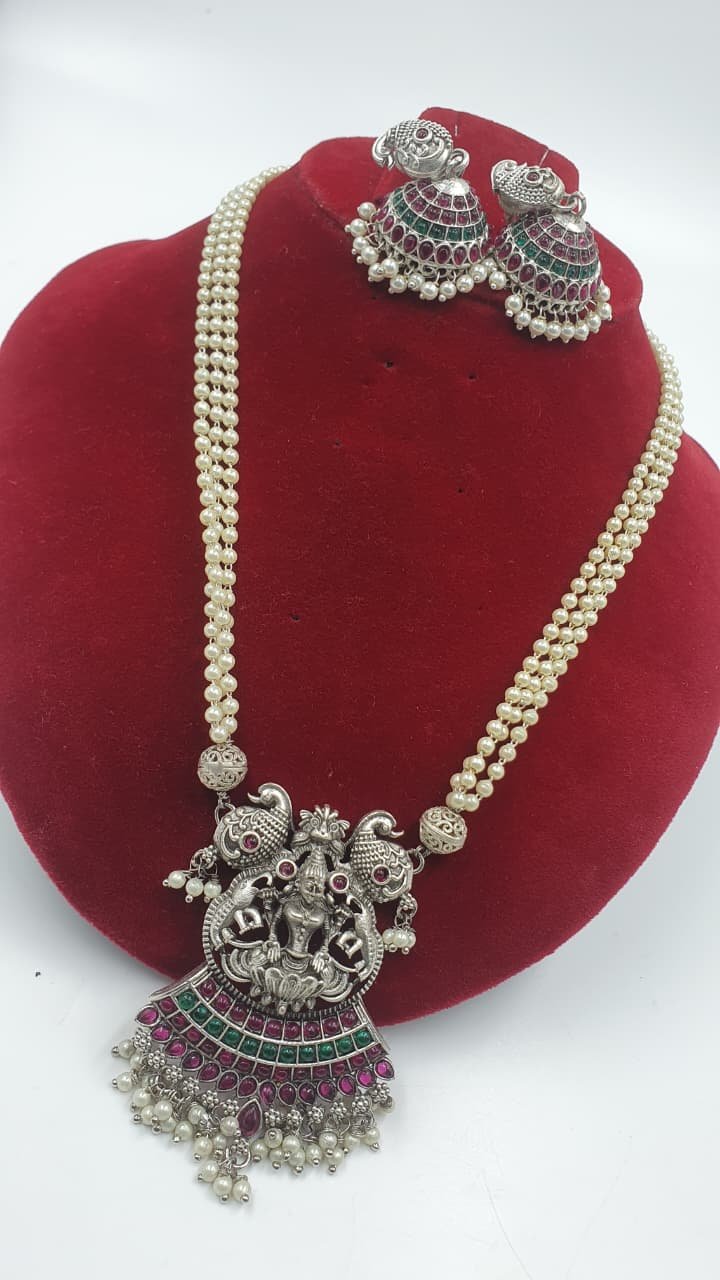 Lakshmi and Peacock Silver Oxidised Matte Finished Harram Lakshmi and Peacock Silver Oxidised Matte Finished Harram