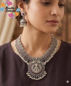 Lakshmi Silver Oxidised Matte Finished Necklace