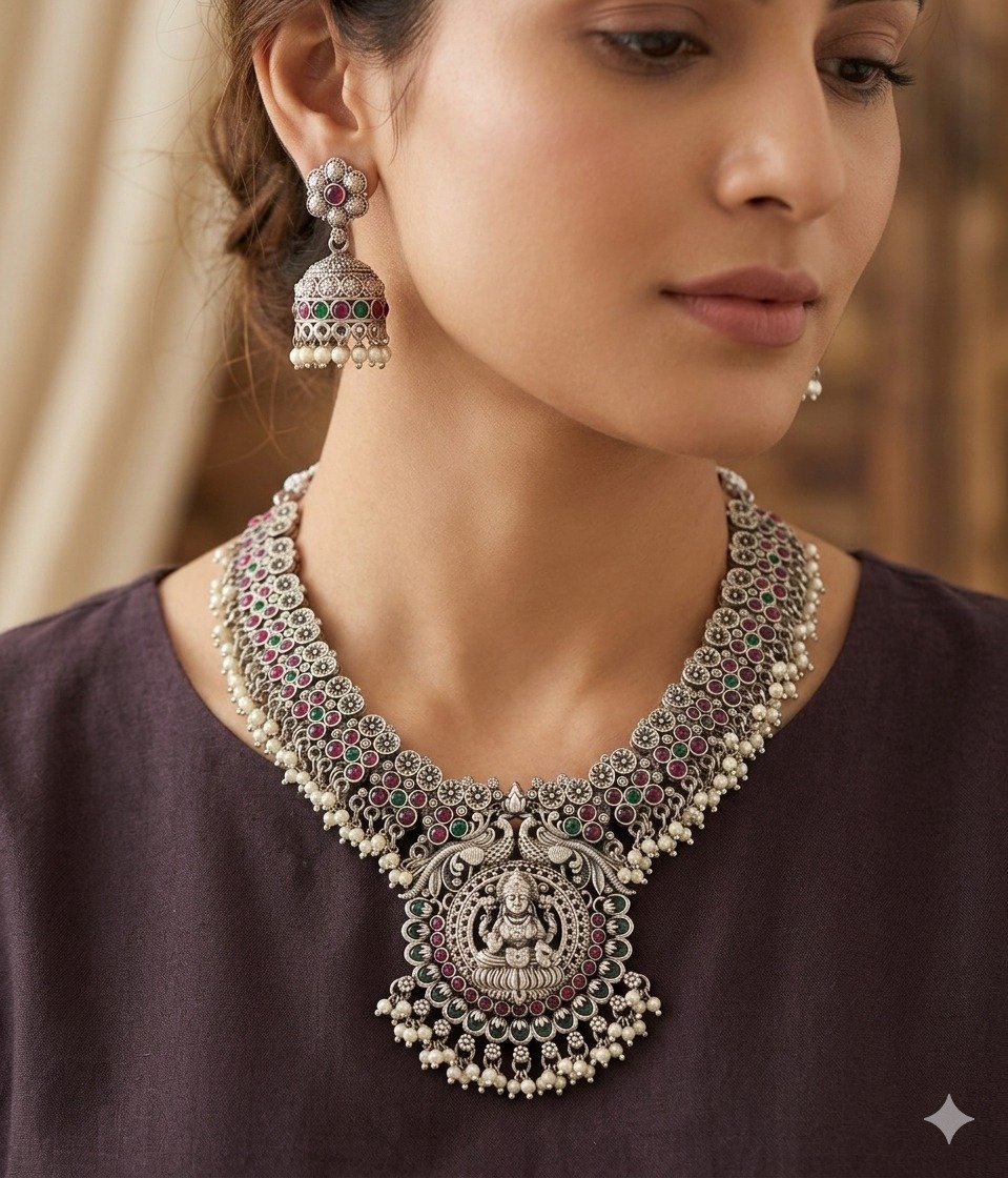 Lakshmi Silver Oxidised Matte Finished Necklace Lakshmi Silver Oxidised Matte Finished Necklace