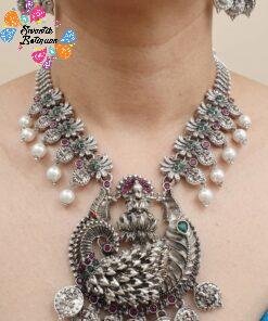 Lakshmi Coin Silver Oxidised Matte Finished Necklace