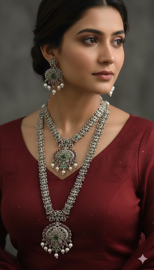 Peacock Silver Oxidised Matte Finished Semi Bridal Combo Set Peacock Silver Oxidised Matte Finished Semi Bridal Combo Set