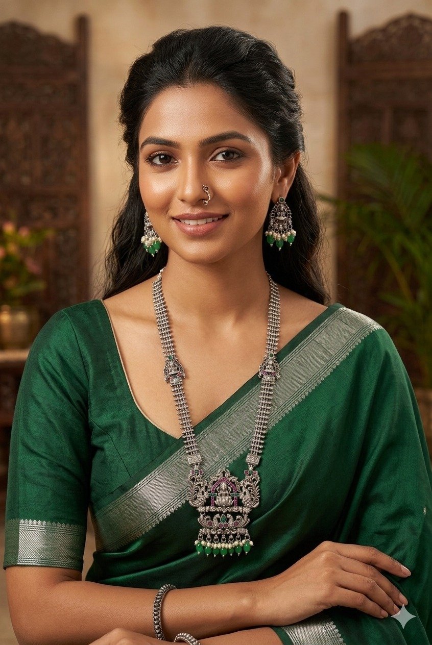 Lakshmi Green Pearl Silver Oxidised Matte Finished Harram Lakshmi Green Pearl Silver Oxidised Matte Finished Harram