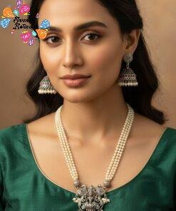 Lakshmi and Peacock Silver Oxidised Matte Finished Harram