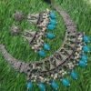 Greek Design Sky Blue With Pearls Silver Oxidised Necklace