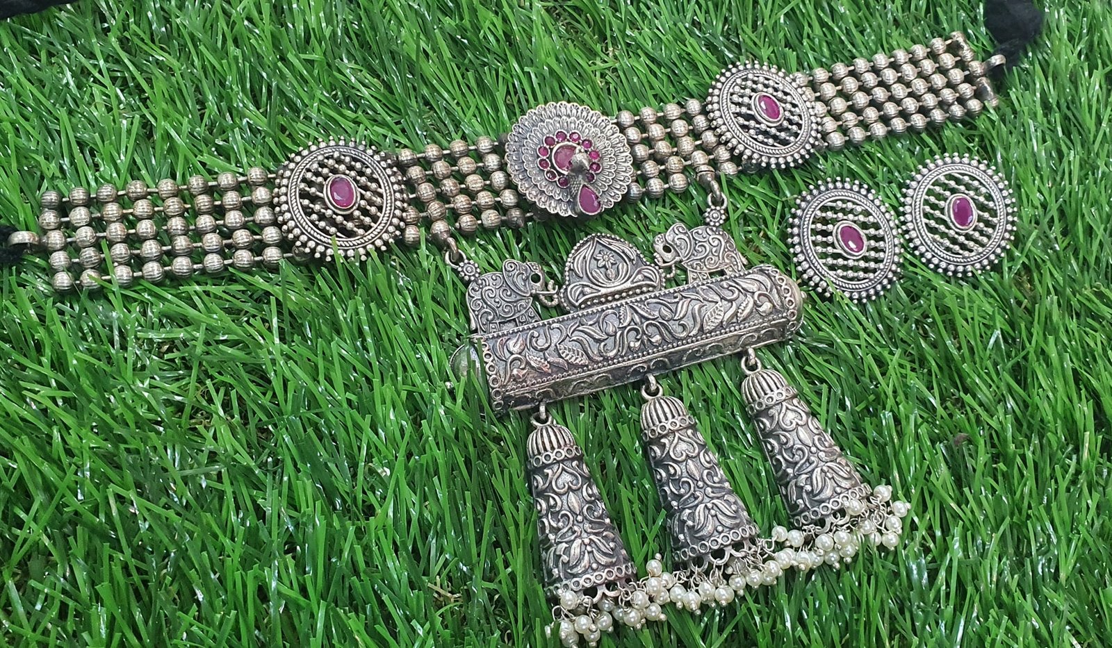 Elephant With Peacock Silver Oxidised Necklace Elephant With Peacock Silver Oxidised Necklace