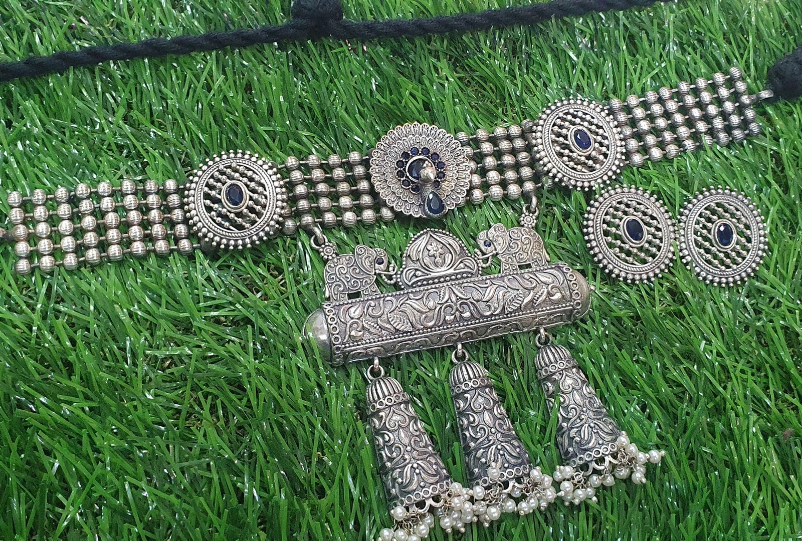 Elephant With Peacock Silver Oxidised Necklace Elephant With Peacock Silver Oxidised Necklace