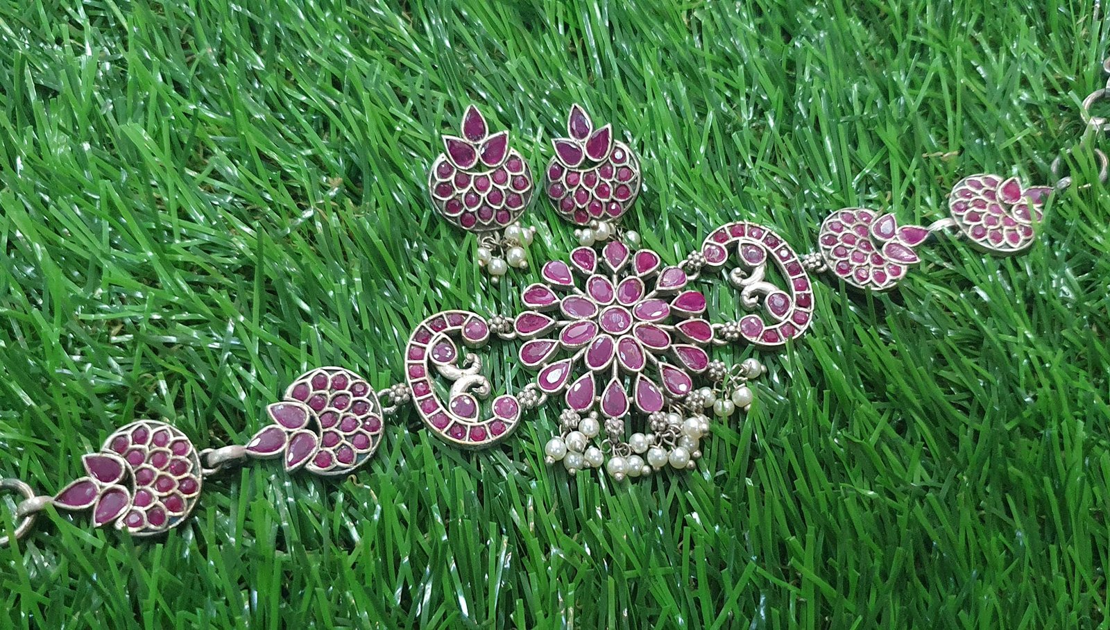 Pink Stones With Pearl Silver Oxidised Necklace Pink Stones With Pearl Silver Oxidised Necklace