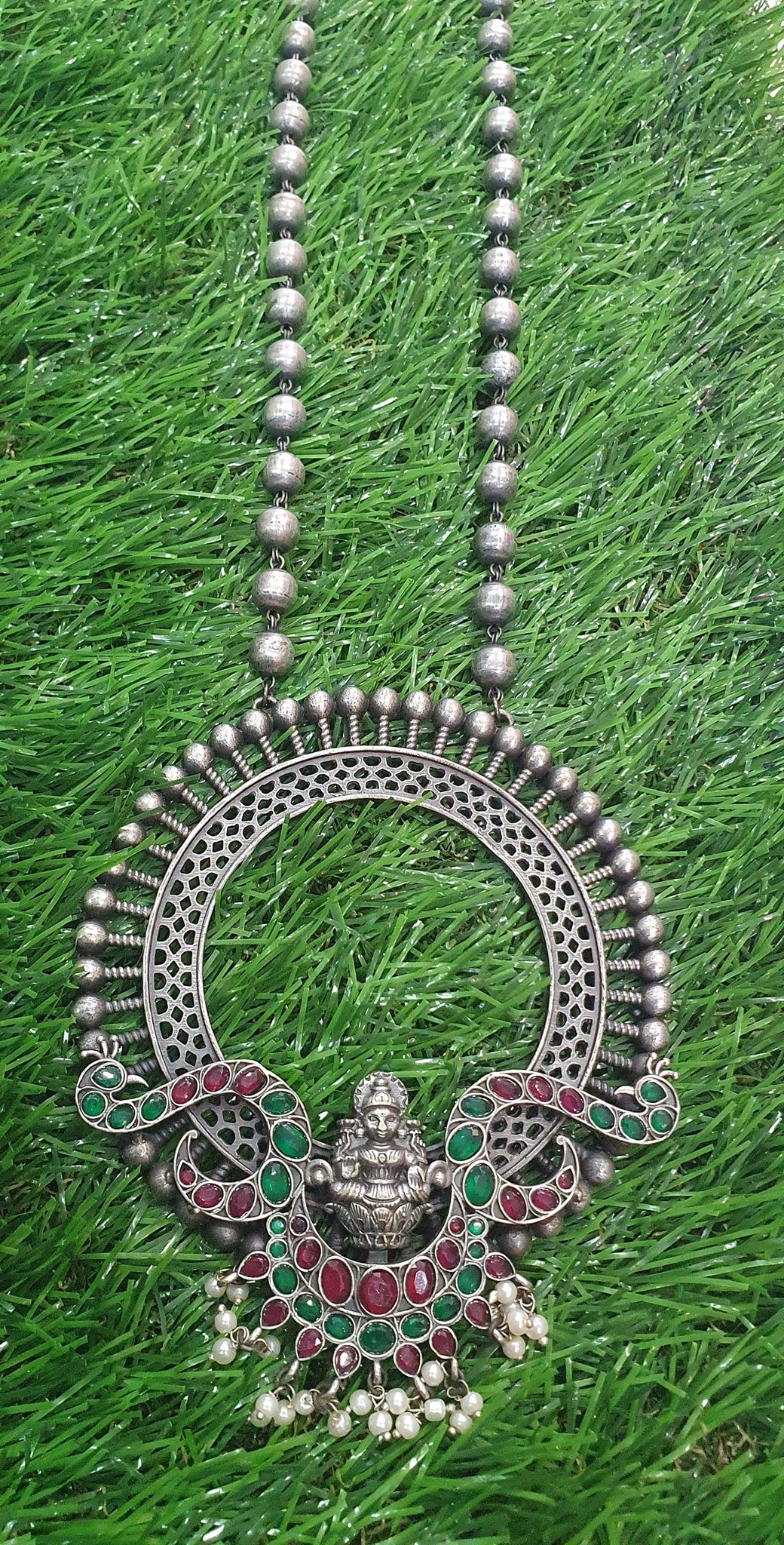 Green and Pink Stones With Pearl Silver German Silver Harram Green and Pink Stones With Pearl Silver German Silver Harram