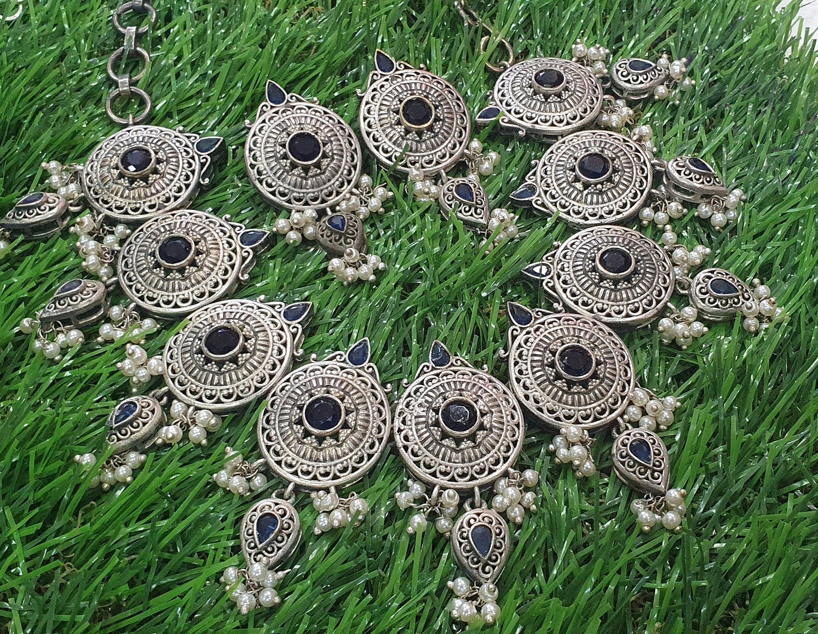 Navy Blue Chakra With Pearl Silver Oxidised Necklace Navy Blue Chakra With Pearl Silver Oxidised Necklace
