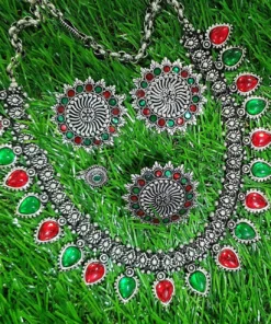 Alternative view of Red and Green Stones Leaf Silver Oxidised Necklace