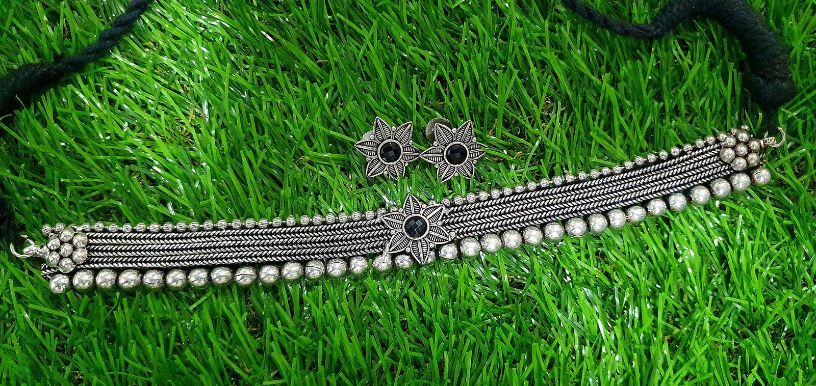 Black Stones Flower Designs Silver Oxidised Necklace Black Stones Flower Designs Silver Oxidised Necklace