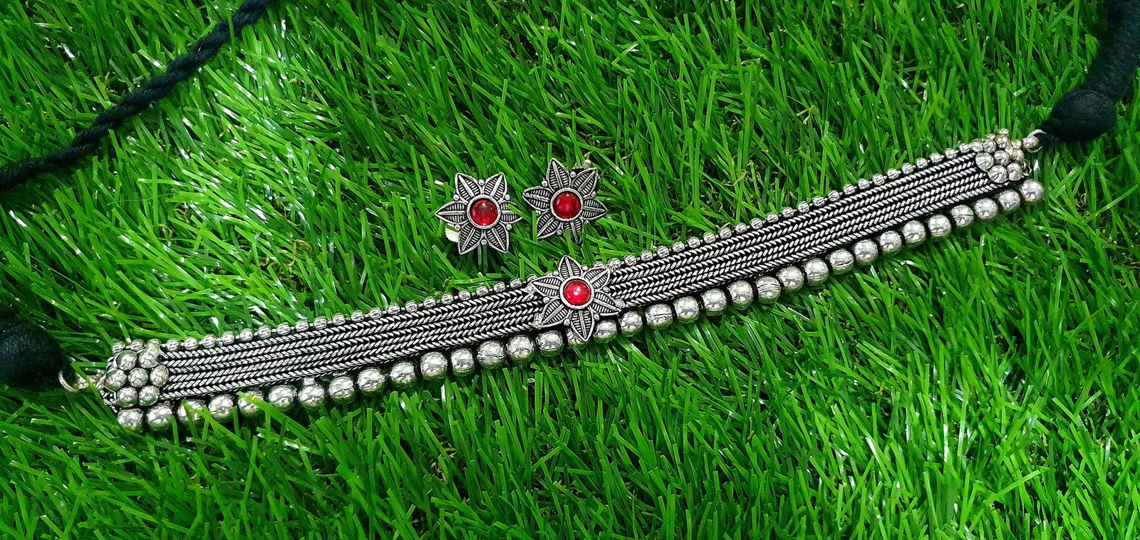 Red Stones Flower Design Silver Oxidised Necklace Red Stones Flower Design Silver Oxidised Necklace