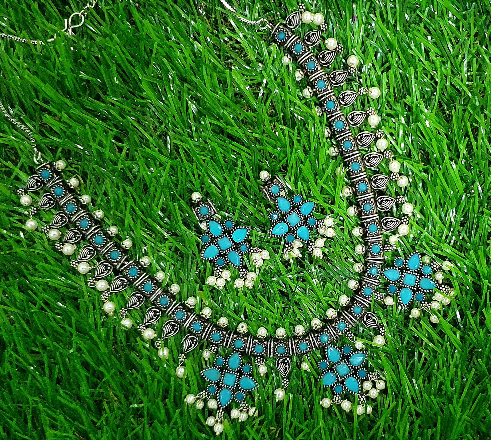 Sky Blue Stones With Pearl Silver Oxidised Necklace Sky Blue Stones With Pearl Silver Oxidised Necklace